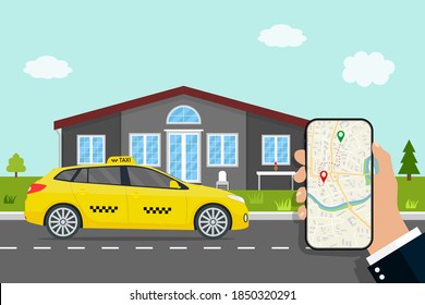 Uber delivery. App of call taxi. Car gps map of city. Smart navigator with roadmap in mobile. Service of fast online order taxi. Yellow car is parking on street town. Location in phone screen. Vector.