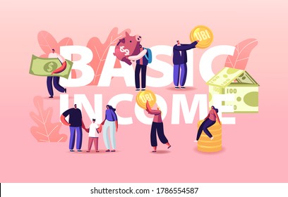 Ubi, Universal Basic Income Concept. Characters around of House Made of Currency Bills. Men and Women with Coins. People Earn Money, Family Needs Poster Banner Flyer. Cartoon Vector Illustration