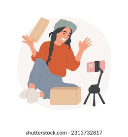 Uboxing isolated cartoon vector illustration. Happy teen girl recording unboxing video on smartphone, digital lifestyle, social media promotion, influencer, content creation vector cartoon.