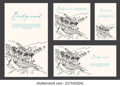 Ubud Bali sketch ink on paper. Ink sketch landscape for wedding Bali. mountain Bali landscape ink sketch. vector landscape