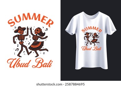 Ubud Bali, Bali summer, skeleton dance, Mexican skeletons, retro design, vintage illustration, tropical vibes, summer festival, dancing skeletons, sugar skull art, boho fashion, skull lovers
