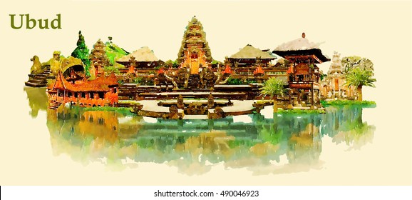 UBUD city water color vector panoramic illustration