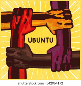 Ubuntu, arms holding each other, teamwork, friendship, cooperation, mutual support, solidarity concept vector illustration. African ethic philosophy umuntu ngumuntu ngabantu