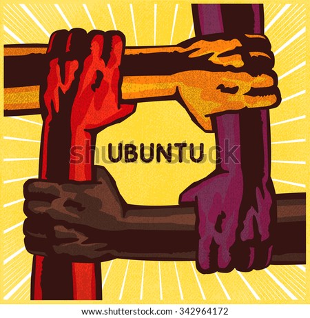 Ubuntu, arms holding each other, teamwork, friendship, cooperation, mutual support, solidarity concept vector illustration. African ethic philosophy umuntu ngumuntu ngabantu