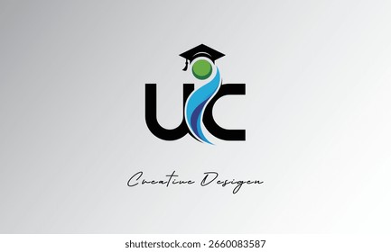 UC Creative Letter Logo with Graduation Cap and Abstract Human – Modern Education and Learning Symbol Design