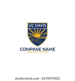 Logotipo de UC Davis con un sol que sale sobre un paisaje aislado sobre fondo blanco Este logotipo presenta el escudo de UC Davis con un sol que sale sobre un paisaje 