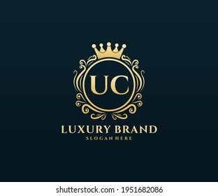 UC Initial Letter, Gold text with feminine floral hand drawn heraldic monogram, Antique vintage style luxury logo design.