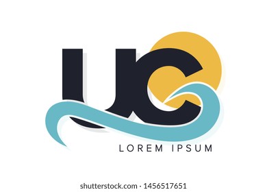 UC letter logo with ocean waves and sunset. Beach concept design