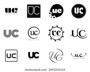 UC logo company template. Letter u and c logotype. Set different classic serif lettering and modern bold text with design elements. Initial font typography. Collection trendy business identity.