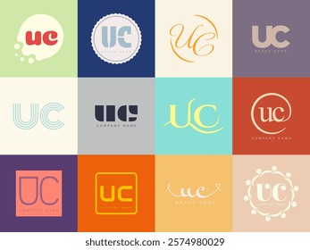 UC logo company template. Letter u and c logotype. Set different classic serif lettering and modern bold text with design elements. Initial font typography. Collection trendy business identity.