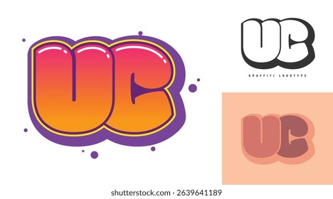 UC logo design for festival or party. Initial letter u and c in graffiti style. Creative modern lettering company name of font typography. Kids trendy logotype or identity. Vector illustration.