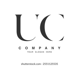 Design do logotipo de Comunicação Unificada. Estilo de fonte das letras iniciais u e c serif. Tipografia clássica do nome da empresa. Logotipo ou identidade da moda. Ilustração vetorial.