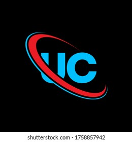 Diseño del logotipo de la carta de la UC U C. Letra inicial con el logotipo monograma en mayúsculas del círculo UC enlazado en mayúsculas rojo y azul. Logo de UC, diseño de U C. uc, u c