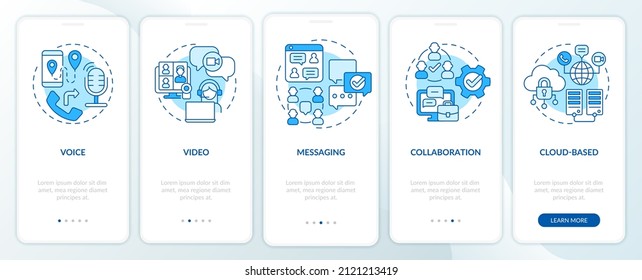 UCaaS functions blue onboarding mobile app screen. Connection walkthrough 5 steps graphic instructions pages with linear concepts. UI, UX, GUI template. Myriad Pro-Bold, Regular fonts used