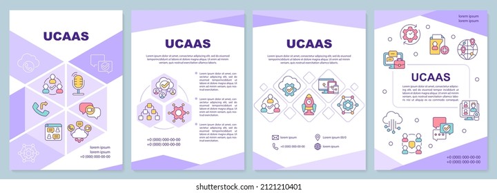 UCaaS Purple Brochure Template. Unified Communications. Leaflet Design With Linear Icons. 4 Vector Layouts For Presentation, Annual Reports. Arial-Black, Myriad Pro-Regular Fonts Used