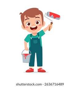 ucasian boy painting with roller and holding bucket, full shot illustration