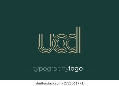 Logotipo de tipografia geométrica moderna UCD. Composição moderna e elegante com uma ilustração de logotipo de tipografia monocromática projetada com linhas intrincadas.