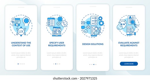UCD process onboarding mobile app page screen. Specify user requirements walkthrough 4 steps graphic instructions with concepts. UI, UX, GUI vector template with linear color illustrations