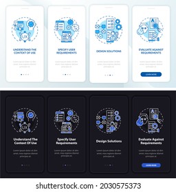 UCD process onboarding mobile app page screen. Context of use walkthrough 4 steps graphic instructions with concepts. UI, UX, GUI vector template with linear night and day mode illustrations