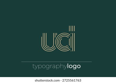 Logotipo da tipografia geométrica moderna da UCI. Composição moderna e elegante com uma ilustração de logotipo de tipografia monocromática projetada com linhas intrincadas.