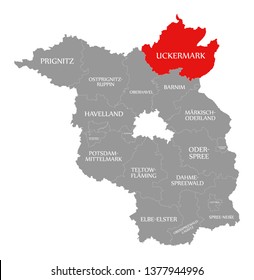 Uckermark county red highlighted in map of Brandenburg Germany