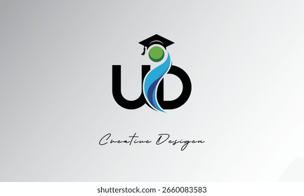 Logotipo creativo de la letra de la UD con el casquillo de la graduación y el humano Abstractas – Educación moderna y diseño del símbolo del aprendizaje