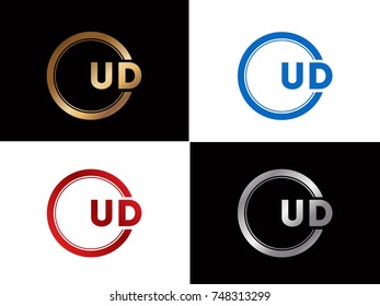 UD Letter logo Design in a circle. Blue Red and silver gold colored