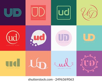 UD logo company template. Letter u and d logotype. Set different classic serif lettering and modern bold text with design elements. Initial font typography. Collection trendy business identity.