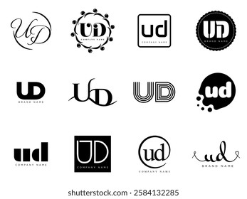 UD logo company template. Letter u and d logotype. Set different classic serif lettering and modern bold text with design elements. Initial font typography. Collection trendy business identity.