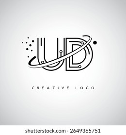 Logotipo de Monograma de Órbita UD - Marca de Letra Mínima Futurista com Linha de Arte Circular, Pontos Inspirados na Tecnologia e Conceito de Movimento Espacial para Identidade de Marca Moderna