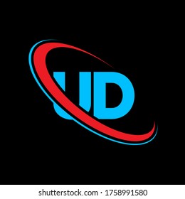 UD U D letter logo design. Initial letter UD linked circle uppercase monogram logo red and blue. UD logo, U D design. ud, u d