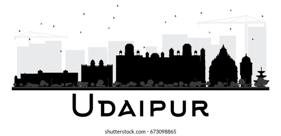 Udaipur City skyline black and white silhouette. Vector illustration. Simple flat concept for tourism presentation, banner, placard or web site. Cityscape with landmarks.