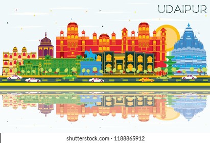 Esquina de la ciudad de Udaipur con edificios en color, cielo azul y reflexiones. Ilustración vectorial. Concepto de viajes de negocios y turismo con arquitectura histórica. El paisaje urbano de Udaipur con monumentos.