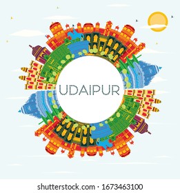 Udaipur India City Skyline with Color Buildings, Blue Sky and Copy Space. Vector Illustration. Business Travel and Tourism Concept with Historic Architecture. Udaipur Cityscape with Landmarks.