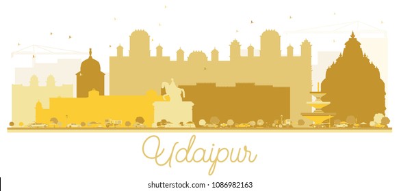 Udaipur India City skyline Golden silhouette. Vector illustration. Simple flat concept for tourism presentation, banner, placard or web site. Udaipur Cityscape with landmarks.