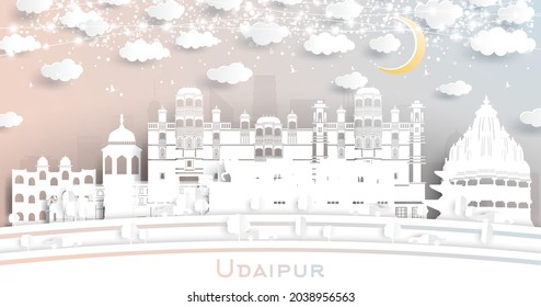 Udaipur India City Skyline in Paper Cut Style with White Buildings, Moon and Neon Garland. Vector Illustration. Travel and Tourism Concept. Udaipur Cityscape with Landmarks.