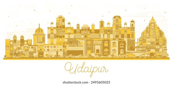 Udaipur India City Skyline silhouette with golden Buildings Isolated on White. Vector Illustration. Business Travel and Tourism Concept with Historic Architecture. Udaipur Cityscape with Landmarks.