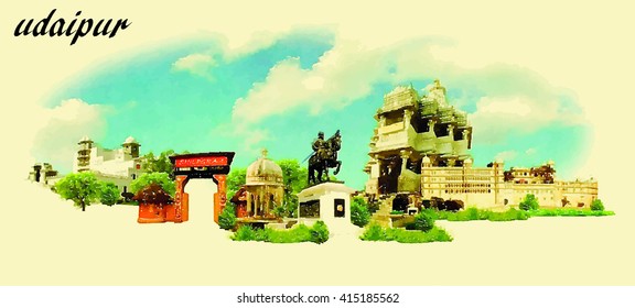 UDAIPUR (India) vector panoramic water color illustration