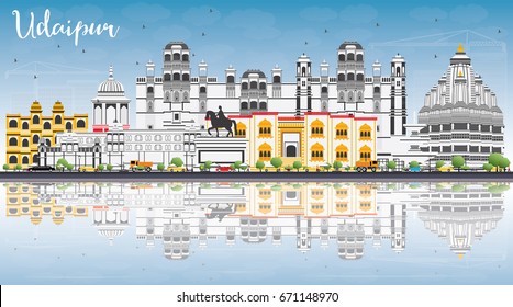 Udaipur Skyline with Color Buildings, Blue Sky and Reflections. Vector Illustration. Business Travel and Tourism Concept with Historic Architecture. Image for Presentation Banner Placard and Web Site.