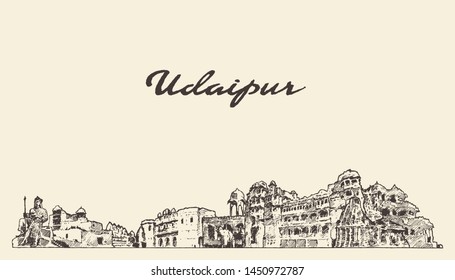 Udaipur skyline, Rajasthan, India, hand drawn vector illustration, sketch