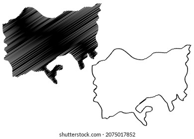 Mapa de ilustración vectorial del distrito de Udalguri (estado de Assam, República de la India), dibujo de garabatos mapa de Udalguri
