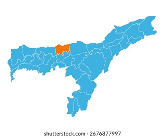 Udalguri District auf Assam State Map hervorgehoben, Indien