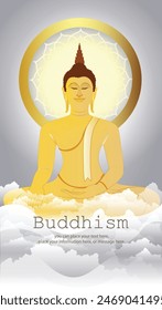 uddha sitting on cloud sky and copy space vector background - Magha Puja, Asanha Puja, Vesak Puja Day, Thailand culture