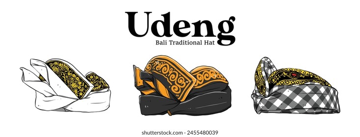 Udeng, Bali Traditional Hat. Udeng Jejateran, Udeng Dara Kepak, and Udeng Beblatukan. Isolated Vector Illustration