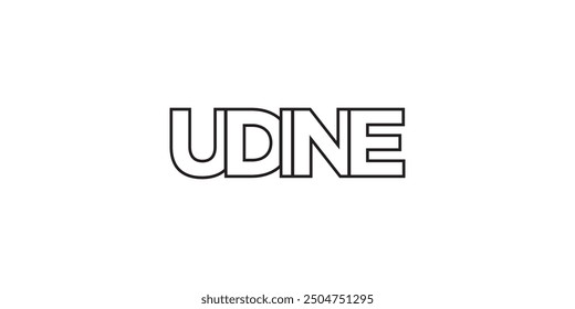 Udine in the Italia emblem. The design features a geometric style, vector illustration with bold typography in a modern font. The graphic slogan lettering.