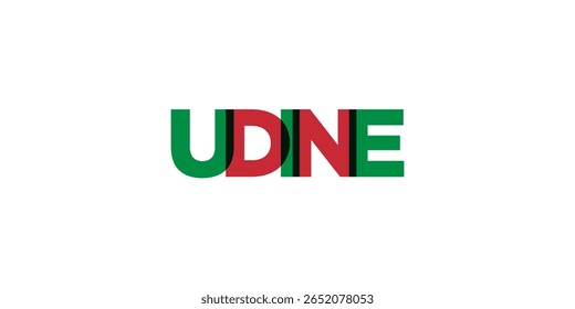 Udine no emblema da Itália. O design apresenta um estilo geométrico, ilustração vetorial com tipografia em negrito em uma fonte moderna. A letra do slogan gráfico.