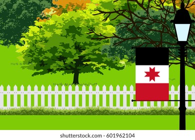 Udmurtia Flag, Landscape of Park, Trees, Fence wooden and Street light Vector Illustration 