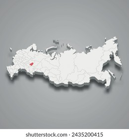 Udmurtia region highlighted in red on a grey Russia 3d map