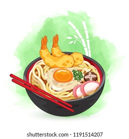 Udon bowl on bamboo watercolor background. Toppings include eggs, mushroom, scallion, shrimp tempura and naruto fish cake.