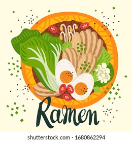 Udon in bowl on table. Top view. Illustration with japanese soup in flat style. Asian food: miso, egg boiled, nori, leek, noodles, chicken, soybean sprouts, Enoki, Bok choy. Vector round composition.